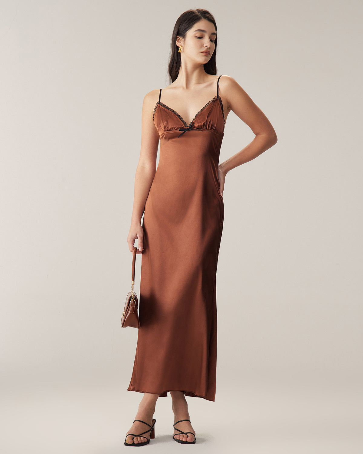 Brown Chiffon V Neck Slip Maxi Dress Order Cheap Pice