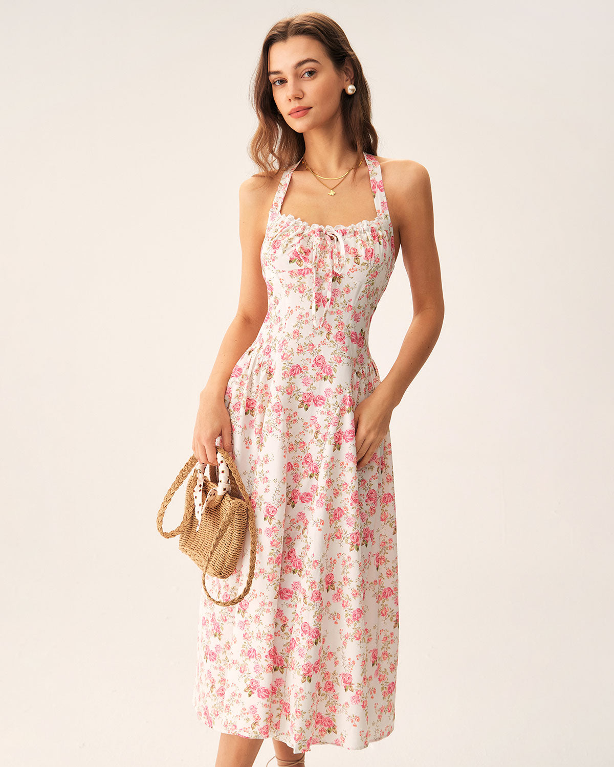 Pink Floral Halter Midi Dress For Sale For Sale