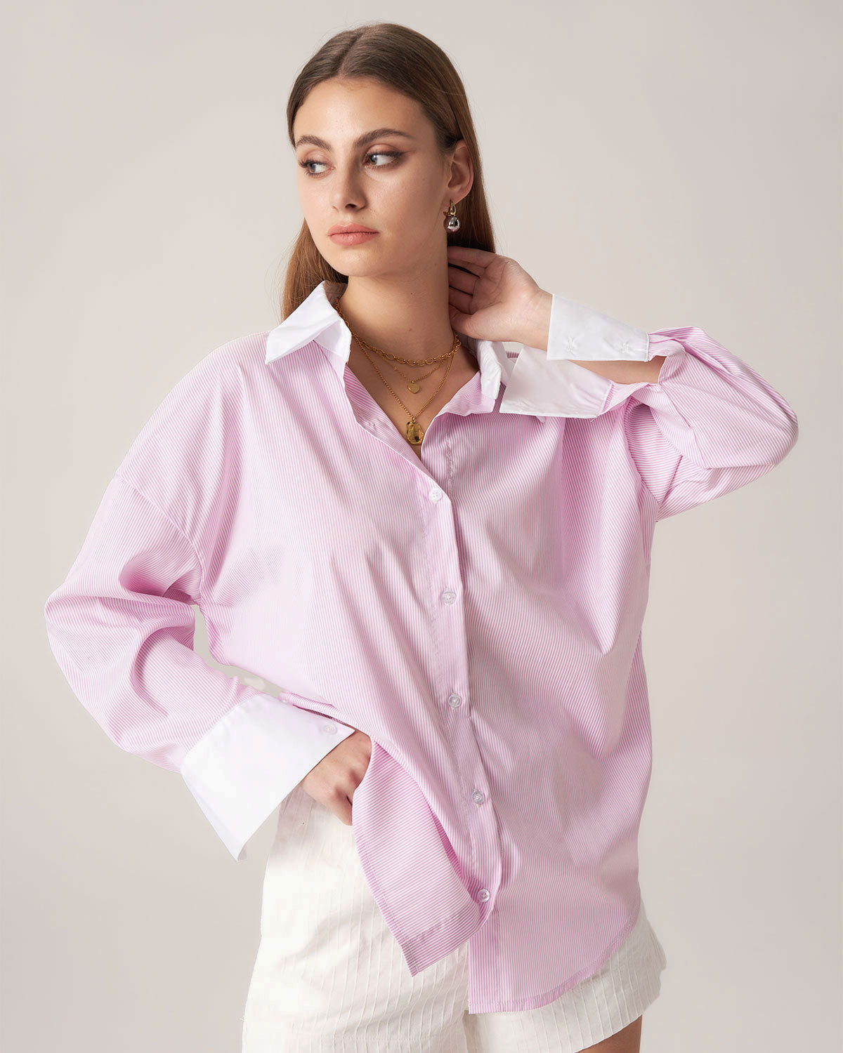 Bettydress Pink Contrast Striped Loose Shirt Explore Cheap Pice