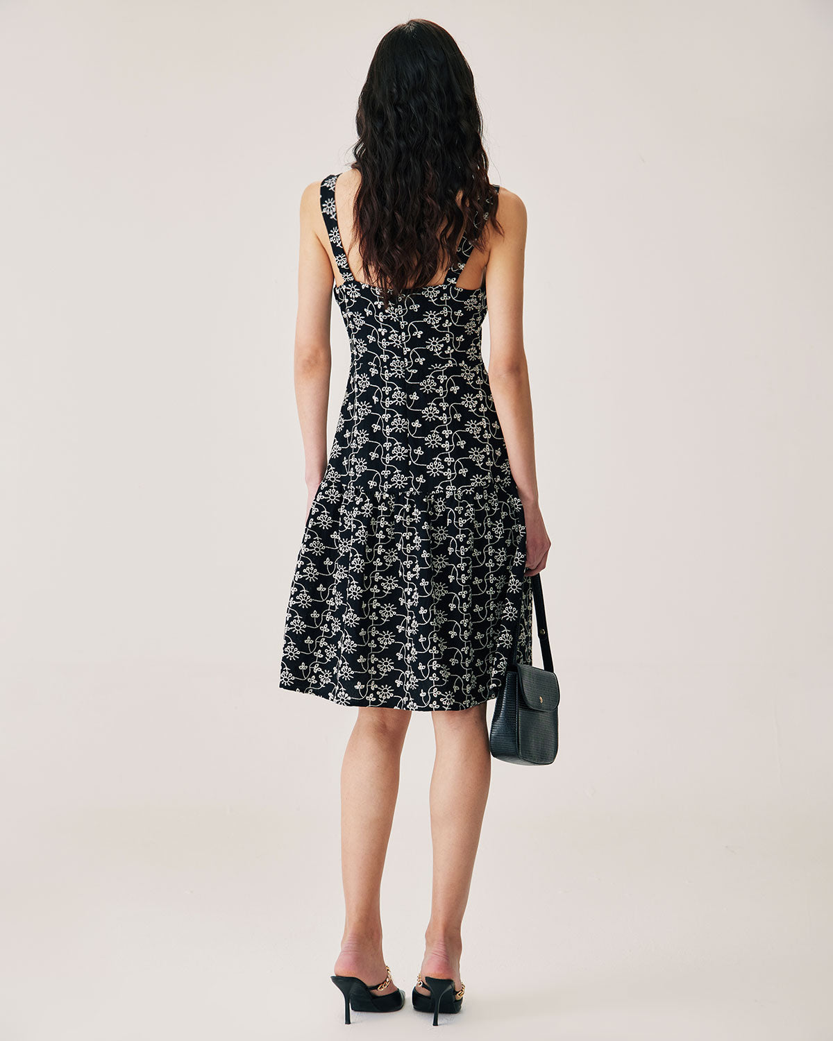 Black Floral Embroidery Slip Midi Dress Clearance New Arrival