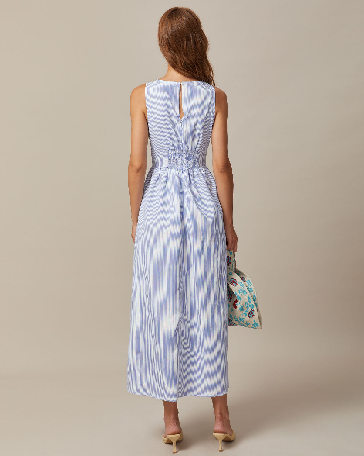 The Blue V Neck Shirred Striped Maxi Dress For Sale For Sale