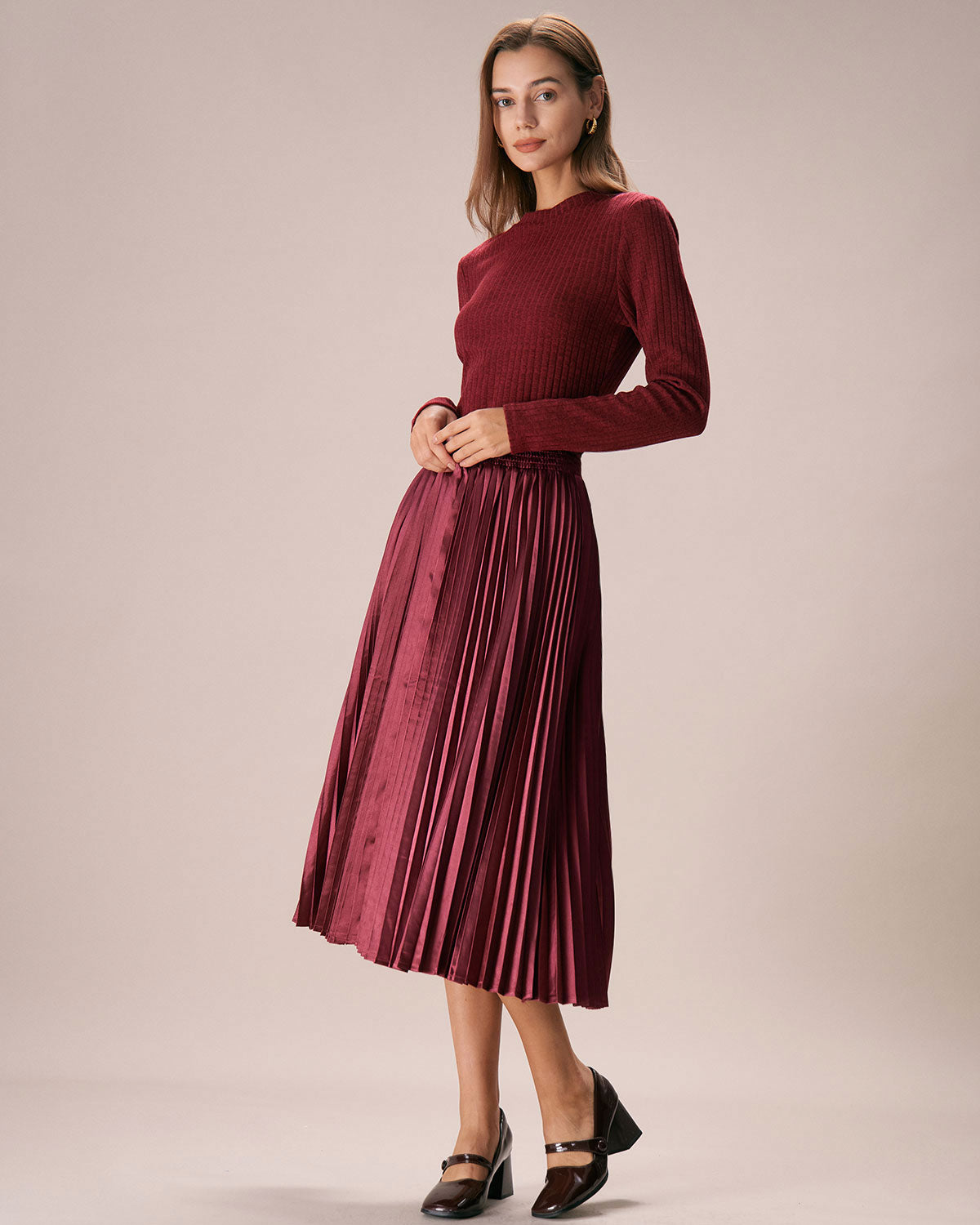 The Wine Red Elastic Waist Pleated Midi Skirt Discount Tumblr
