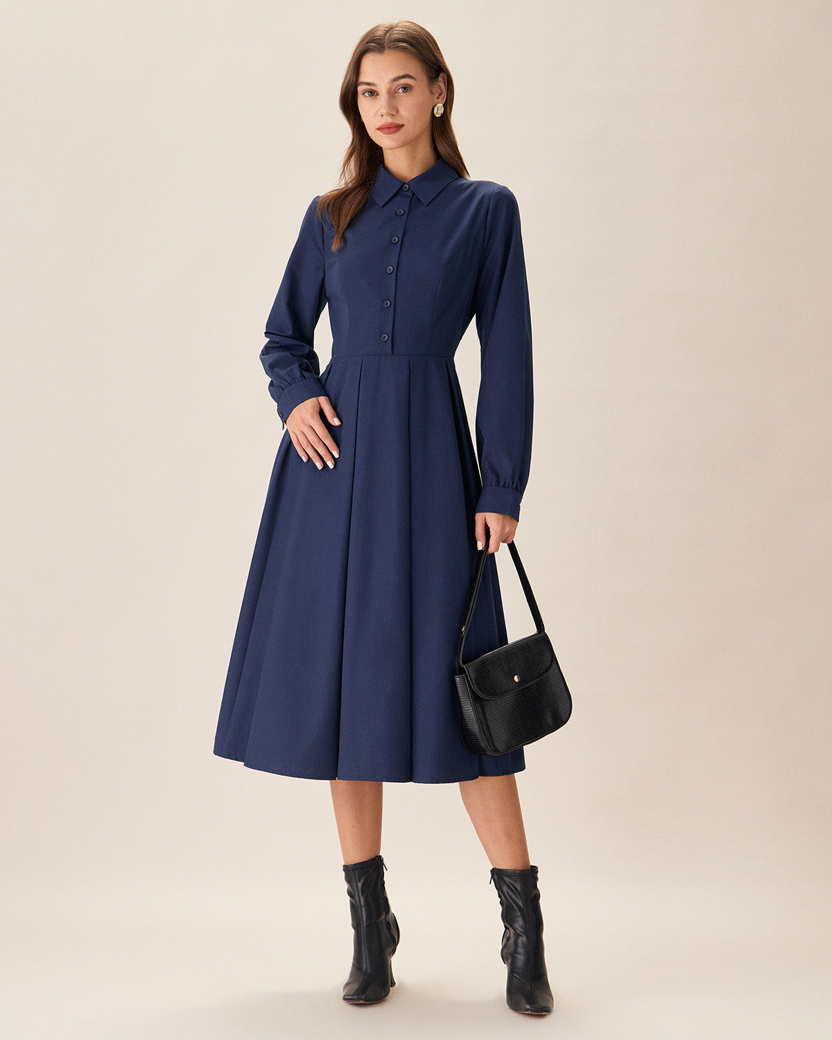 Navy Pleated Button Midi Dress Cheap Sale Wholesale Pice