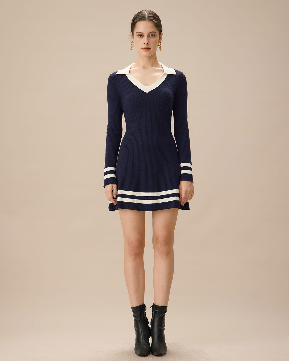 Navy Contrasting V Neck Striped Sweater Dress Cheap Sale Enjoy