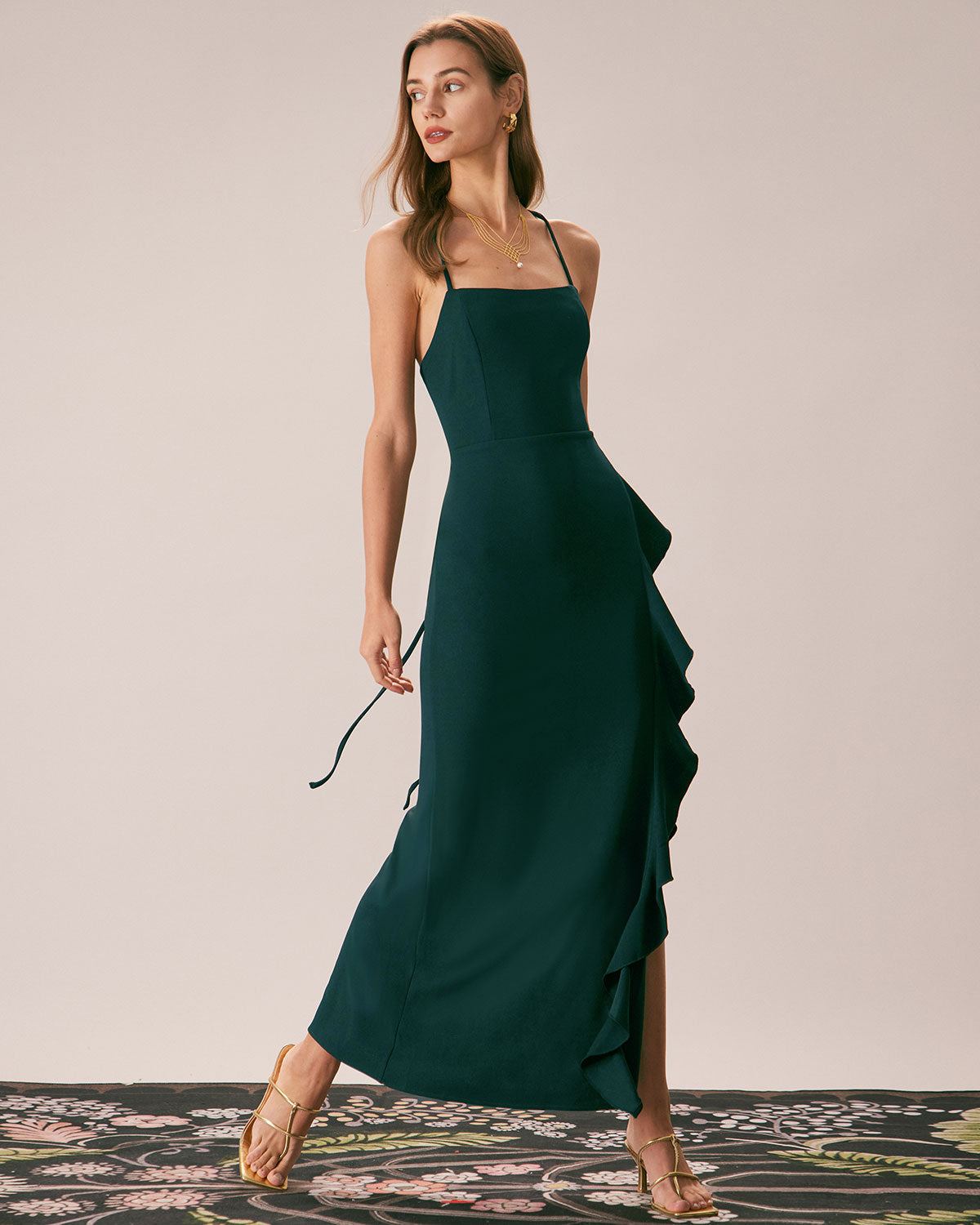 The Green Ruffle Cross Back Strap Maxi Dress Discount Professional