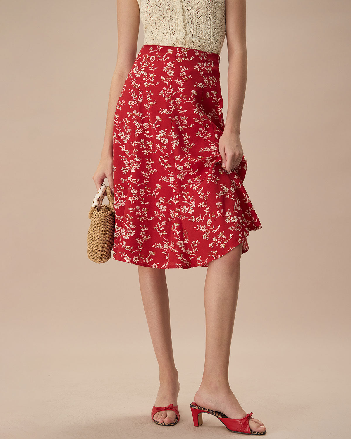 The Red High-Waisted Floral Midi Skirt Good Selling Cheap Pice