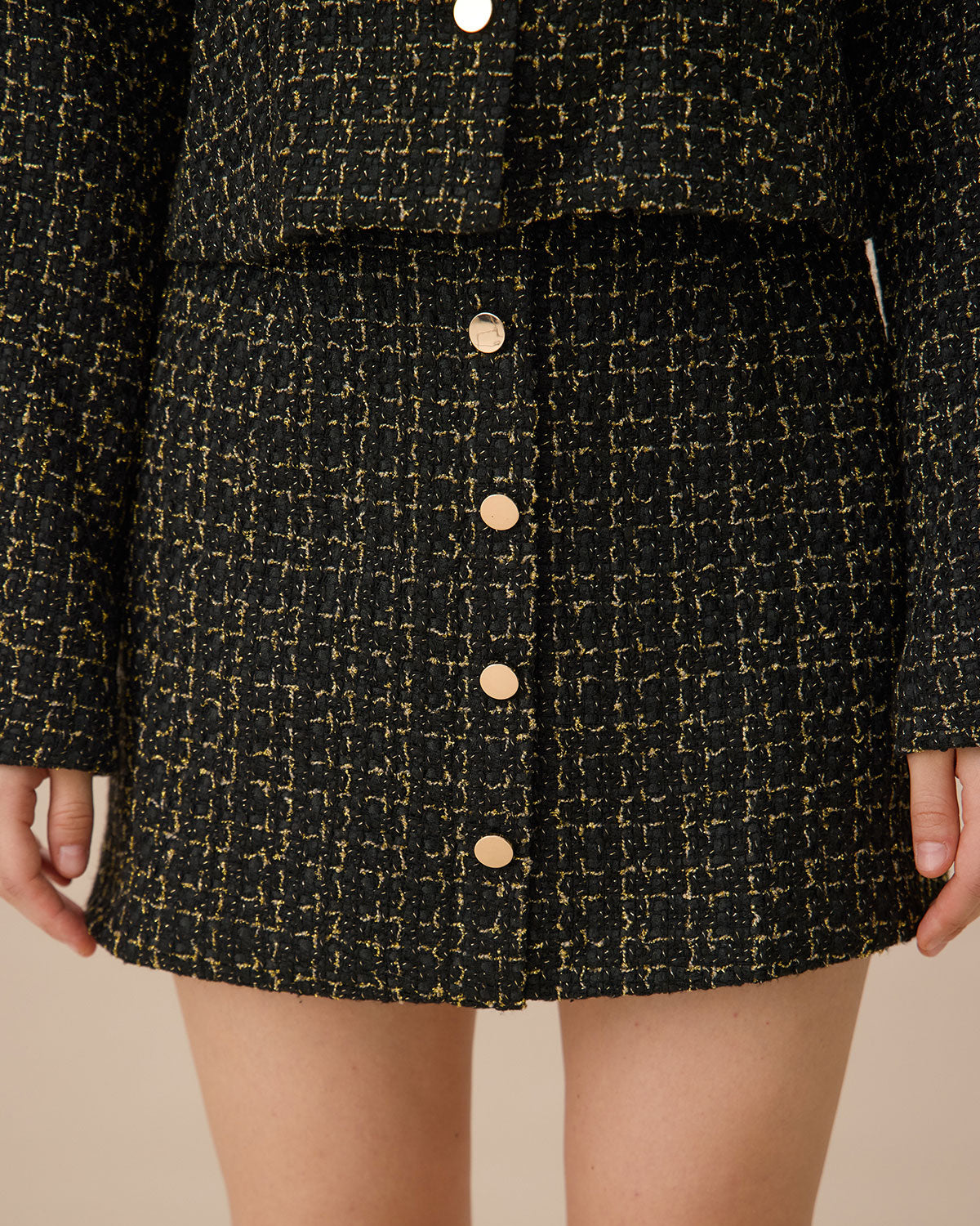 Black High-waisted Button Tweed Skirt Cheap Sale Shop