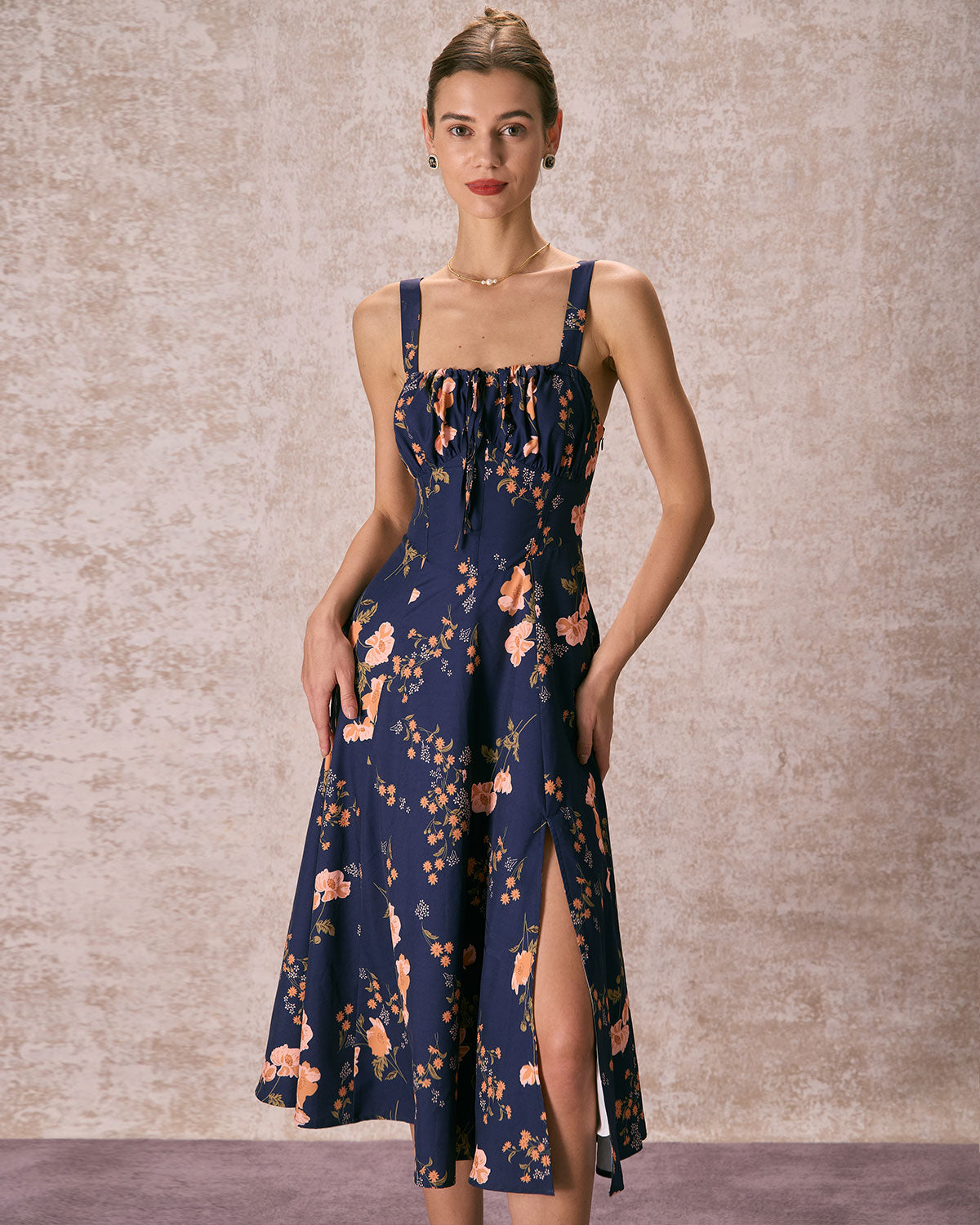 The Navy Lace Up Floral Ruched Midi Dress Discount High Quality