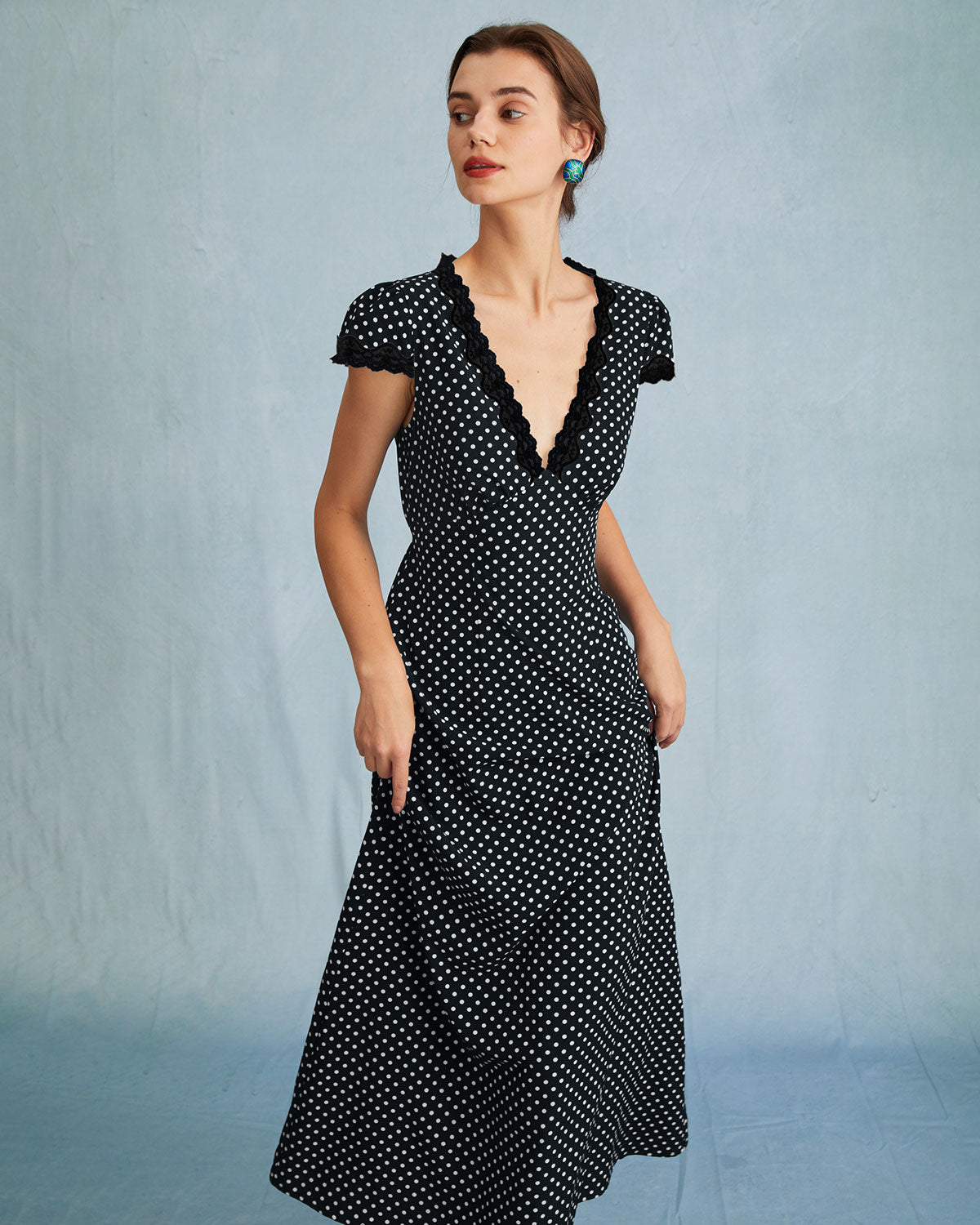 Black Polka Dot V Neck Maxi Dress 2025 New Cheap Online