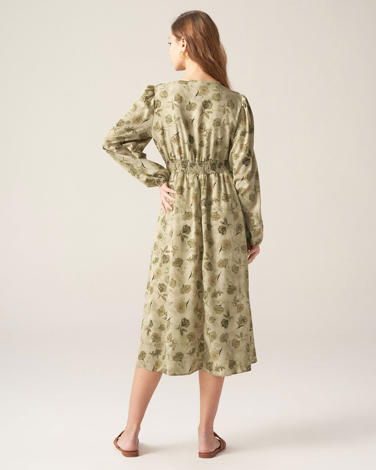 Green Floral Lantern Sleeve Midi Dress For Cheap Sale Online