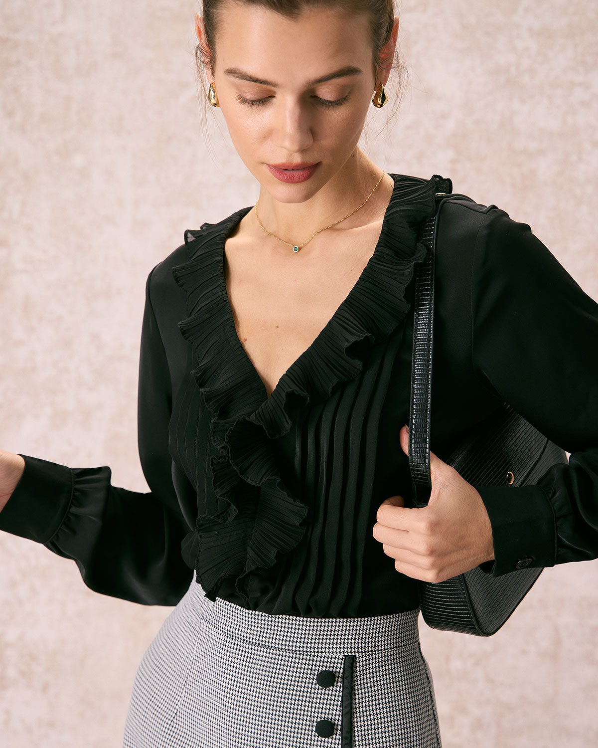 The Black V Neck Ruffle Long Sleeve Blouse Get Authentic