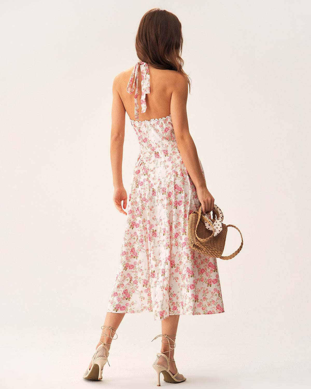 Pink Floral Halter Midi Dress For Sale For Sale