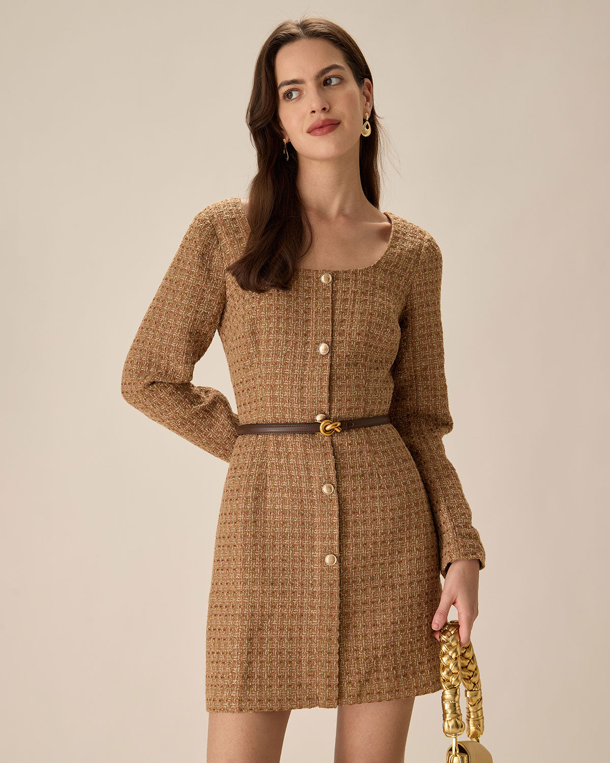 Brown U Neck Button-Up Tweed Mini Dress Outlet