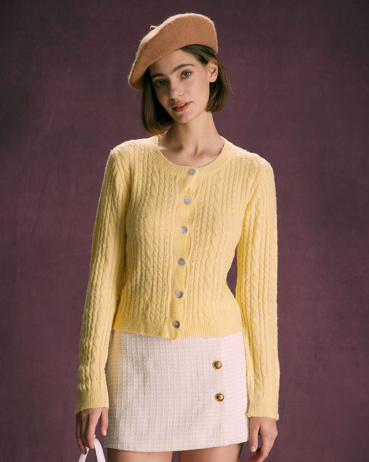 The Yellow Round Neck Cable Ribbed Cardigan Cheap Sale Buy