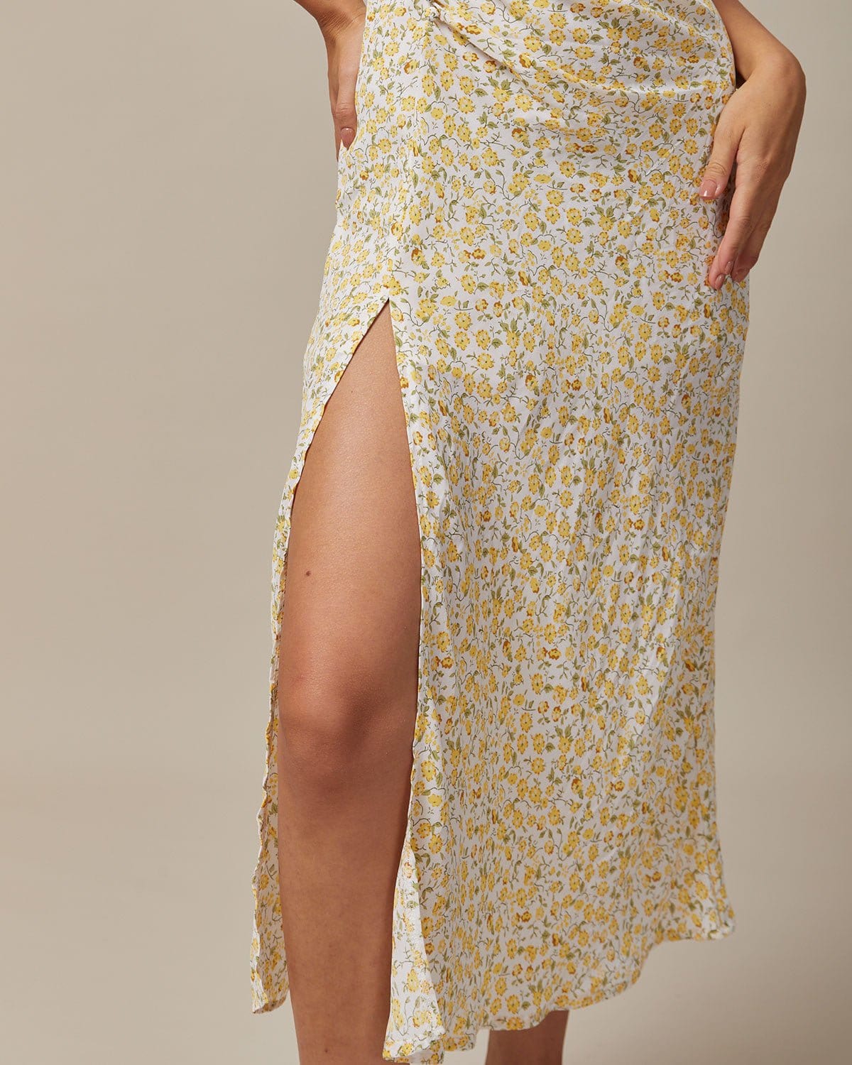 The Yellow Round Neck Floral Midi Dress Free Shipping Pices