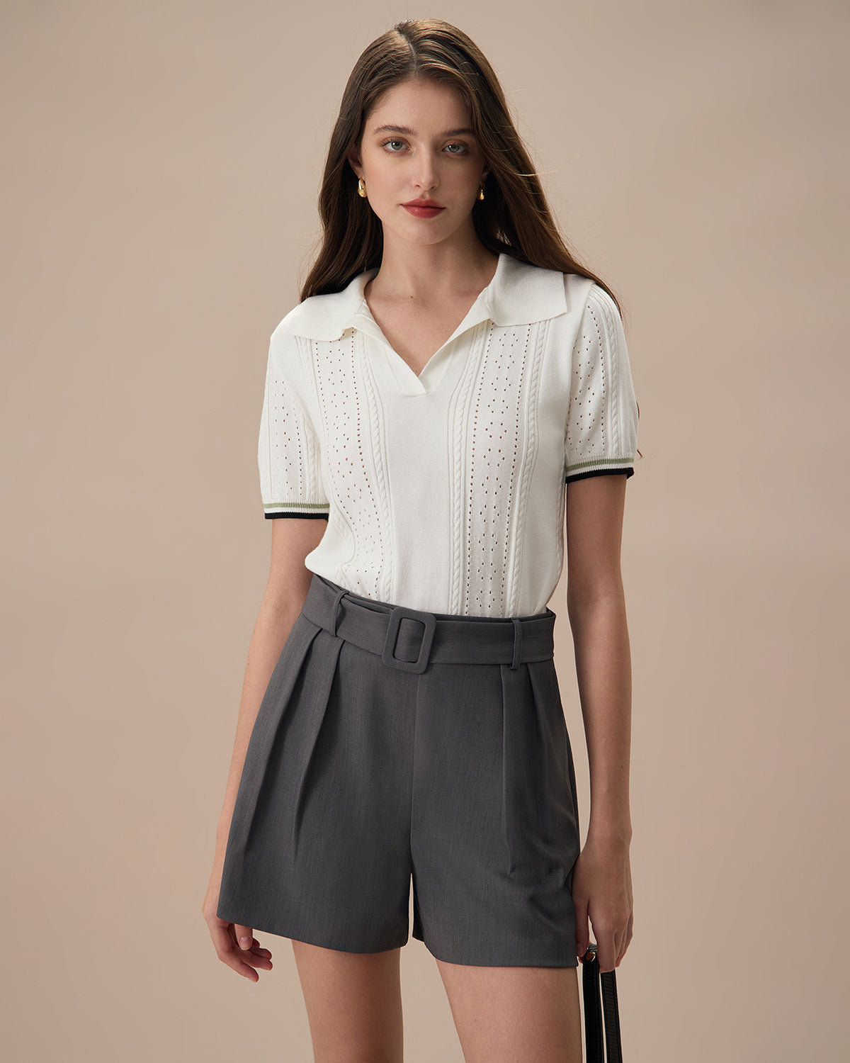 Women's Grey High-Waisted Belted Pleated Shorts