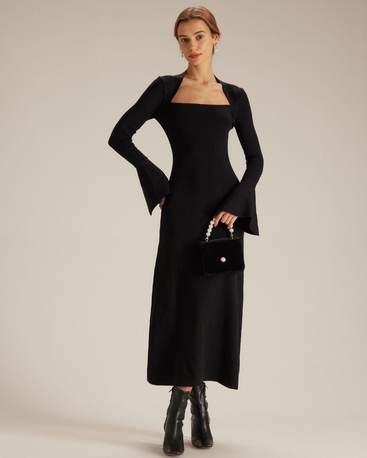 The Black Square Neck Flare Sleeve Midi Dress Buy Cheap Looking For