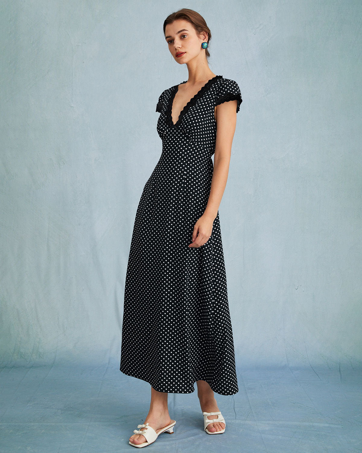 Black Polka Dot V Neck Maxi Dress 2025 New Cheap Online