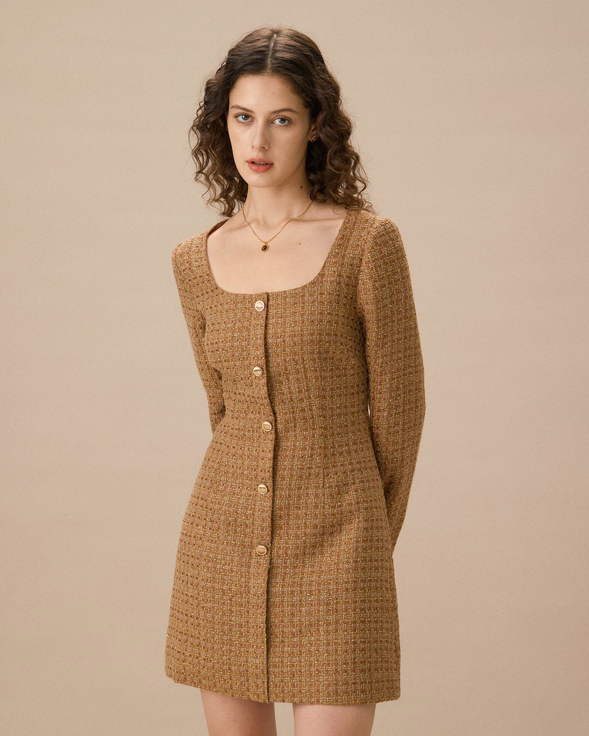 Brown U Neck Button-Up Tweed Mini Dress Outlet