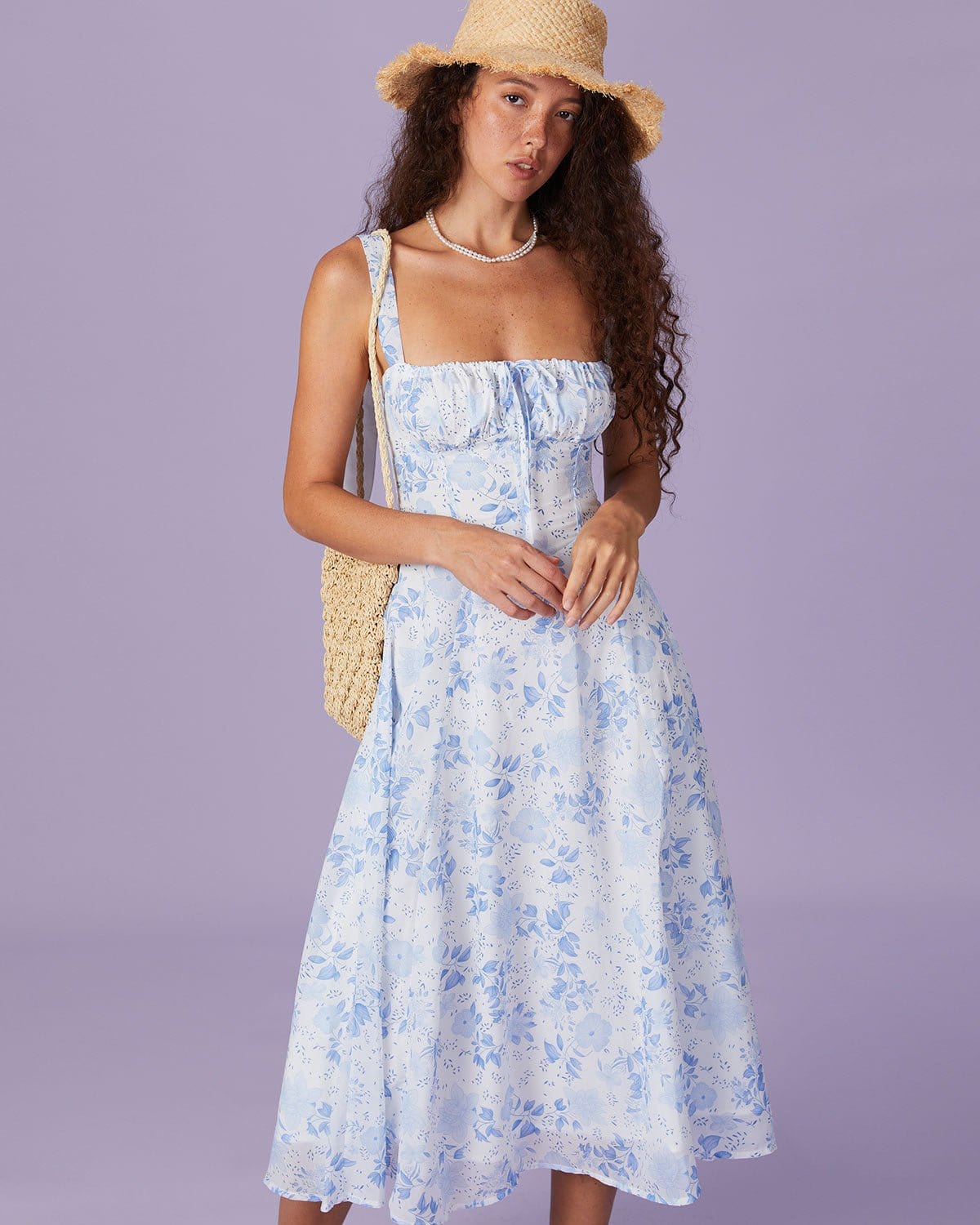 The Blue Square Neck Floral Ruched Midi Dress Cheap Fake