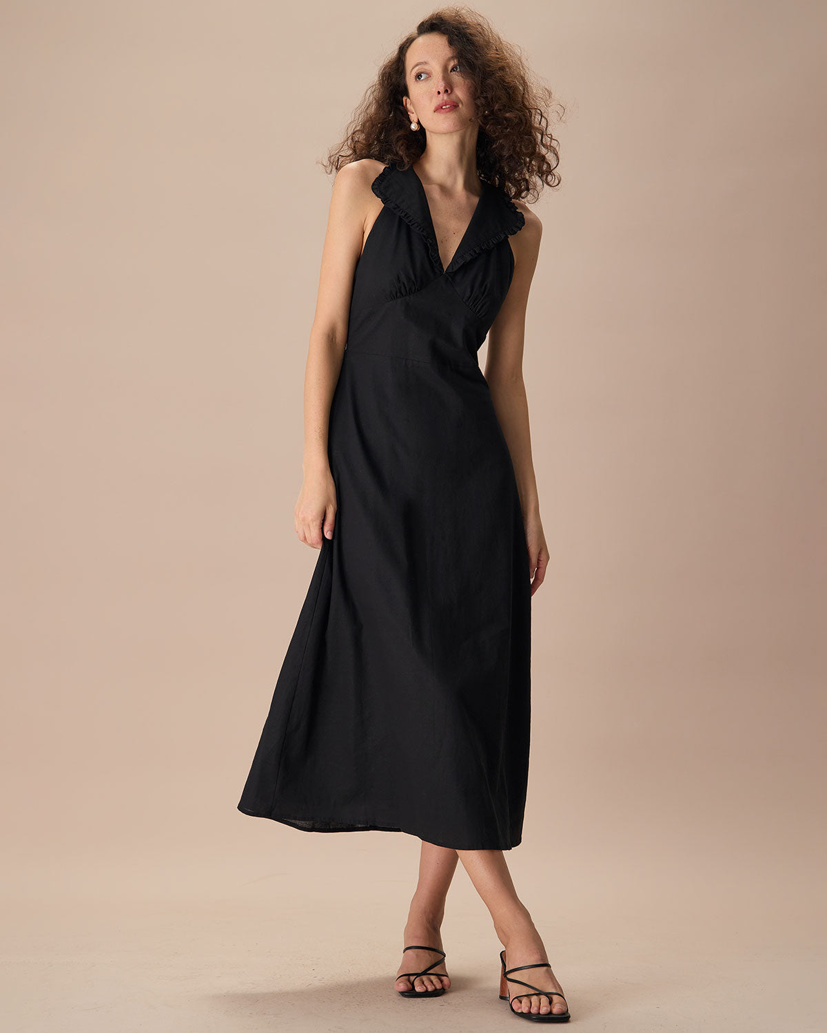 The Black Collared Frill Trim Linen Maxi Dress Inexpensive Cheap Online