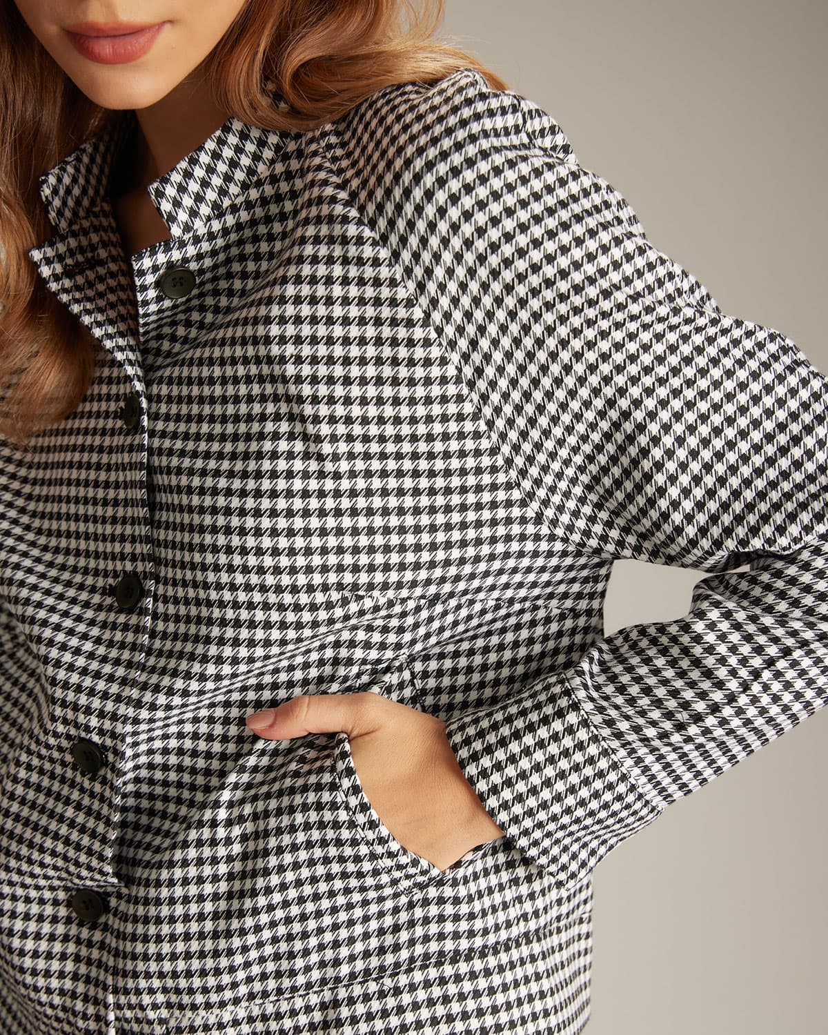 The Black Mock Neck Houndstooth Jacket In China Cheap Online