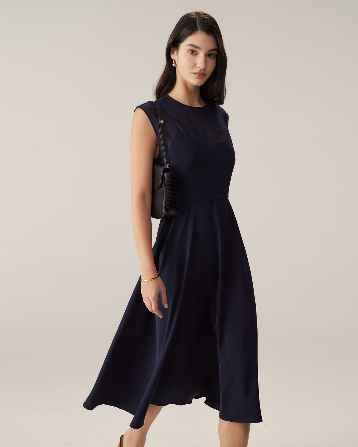 Navy See Through Cap Sleeve Midi Dress Lowest Pice Cheap Pice