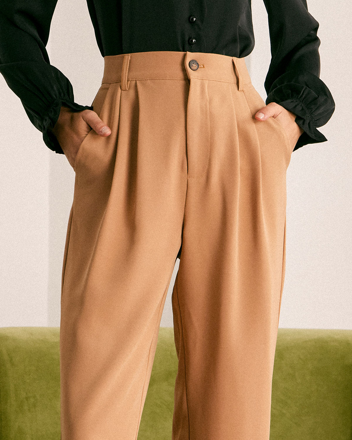 The Khaki High Waisted Pleated Tapered Pants Online Cheap Pice