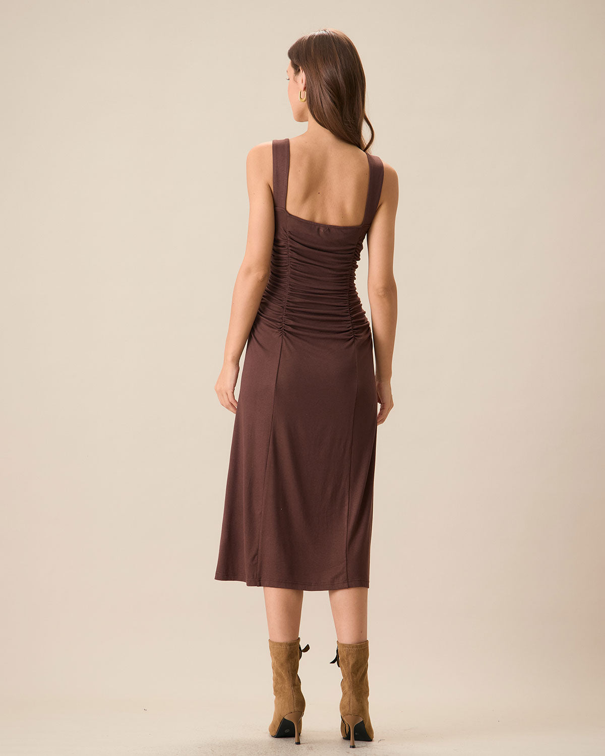 Women's Coffee Ruched Knitted Slip Midi Dress