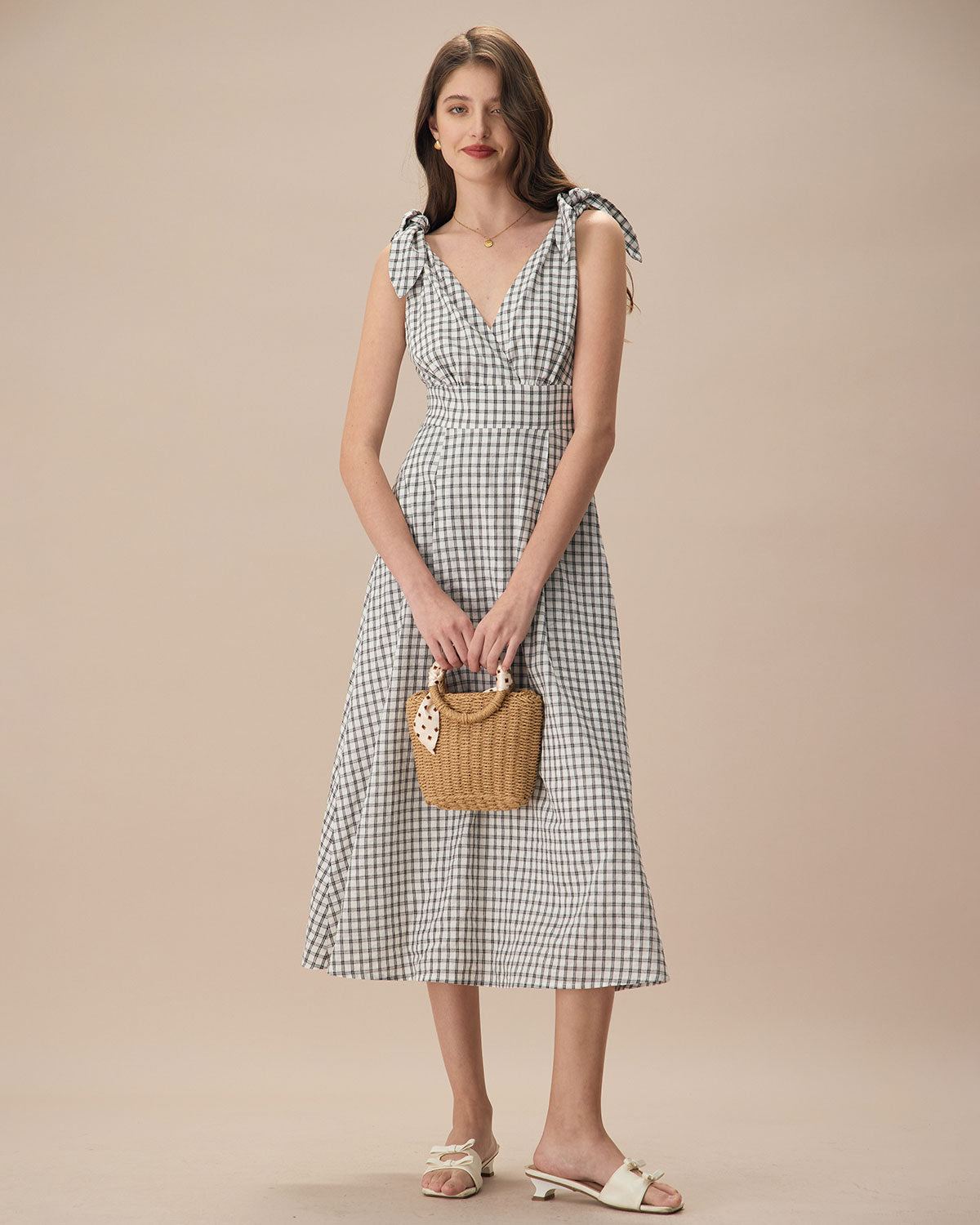 The Black V-Neck Plaid Tie Strap Cotton Midi Dress Best Store To Get Cheap Online