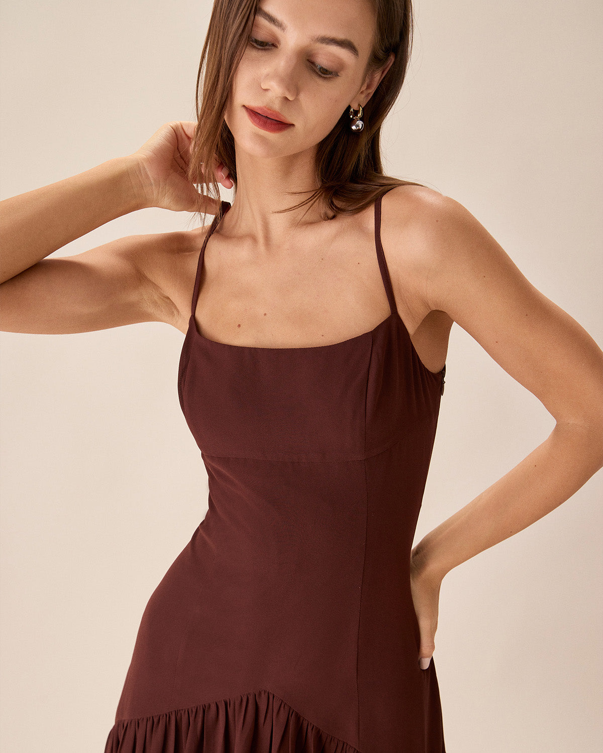 Brown Chiffon Ruched Slip Midi Dress Cheap Extremely