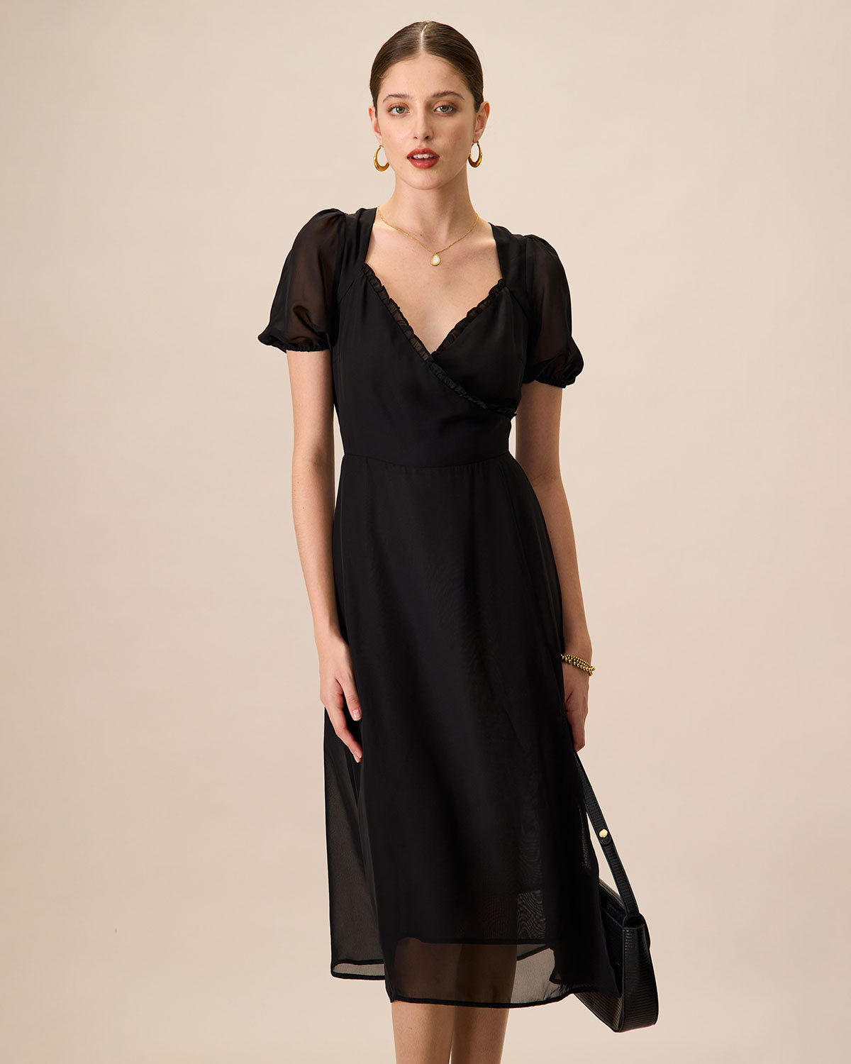 Women's Black Ruched See-Through Slit Midi Dress