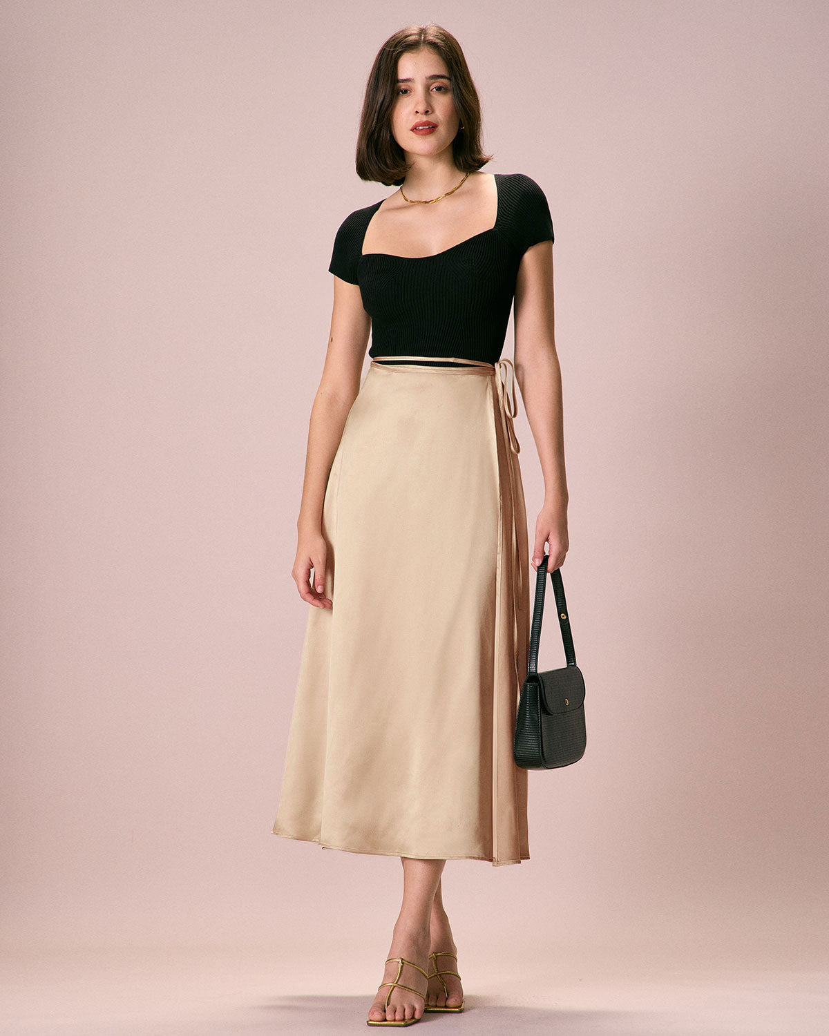 The Khaki Satin Lace-Up Wrap Midi Skirt Good Selling Cheap Pice