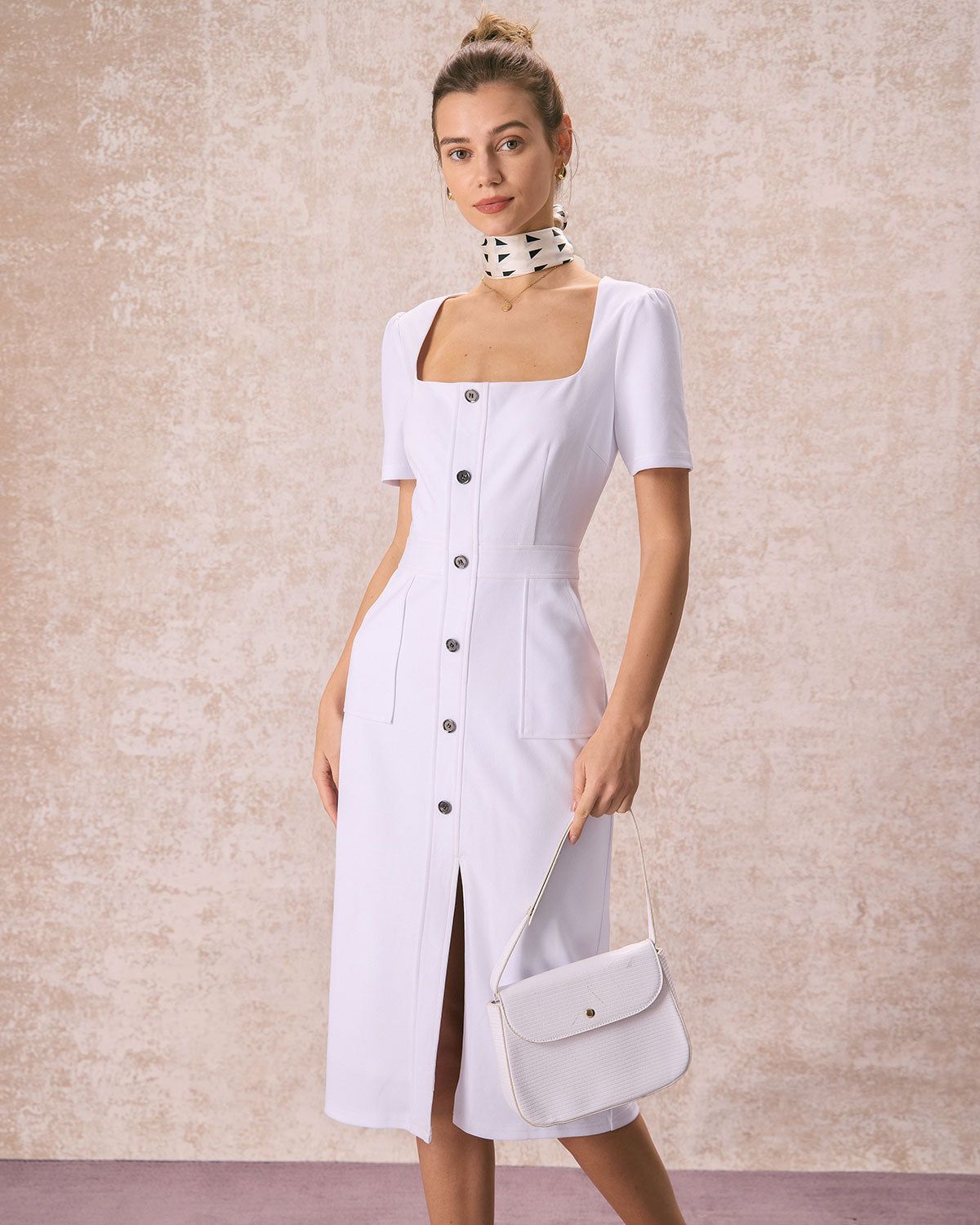 The White Square Neck Buttoned Midi Dress Store Sale Online