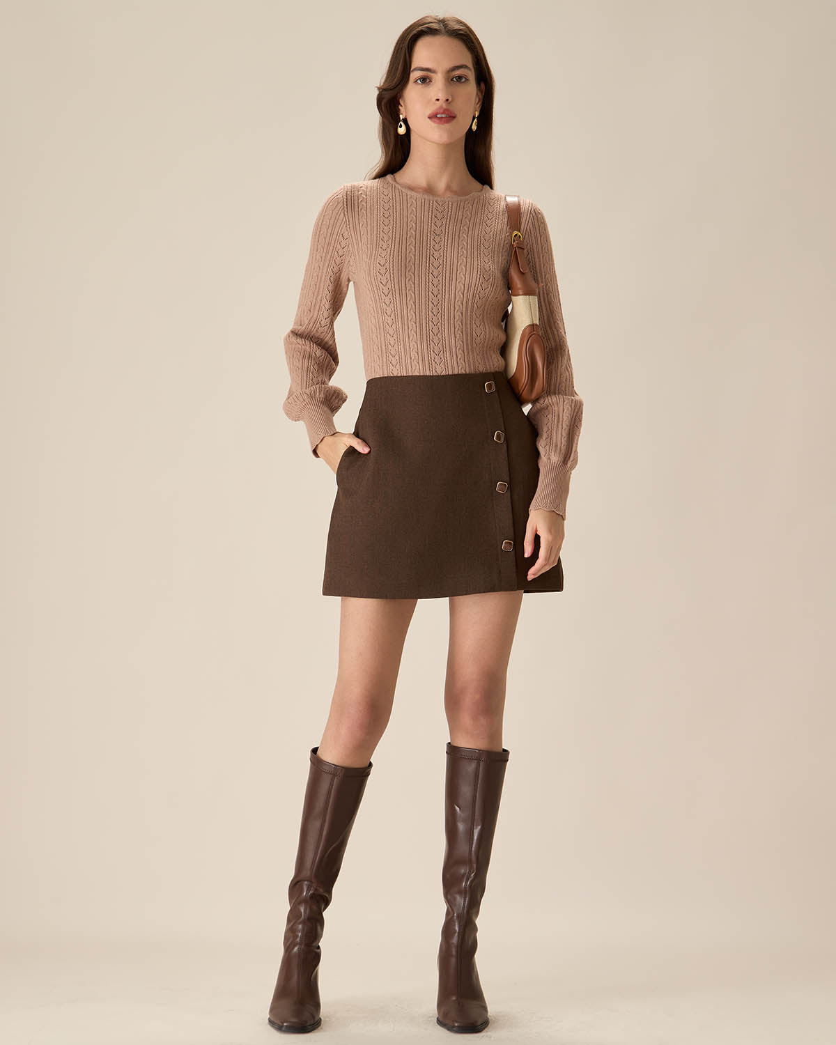 Coffee High-waisted Button Mini Skirt Choice Cheap Pice