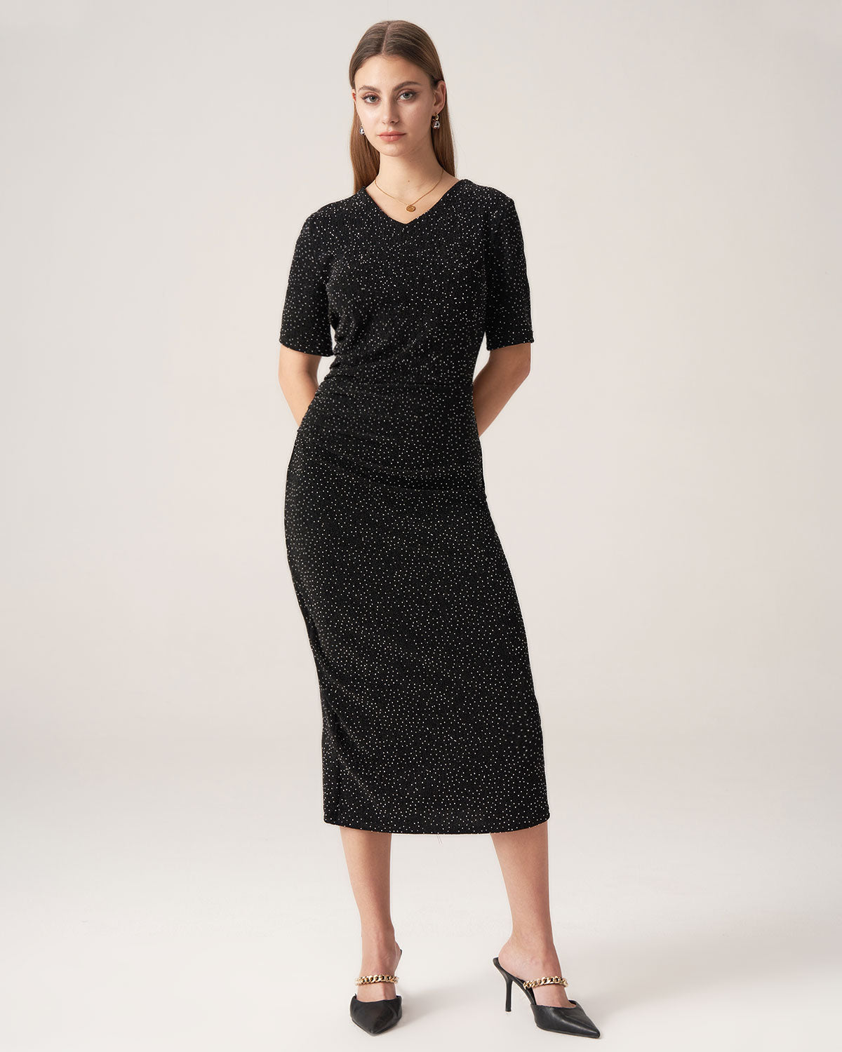 Bettydress Black Polka Dot V-Neck Midi Dress Sale New