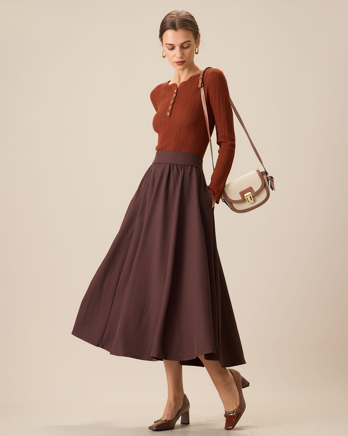 Women's Coffee High-waisted Pleated Midi Skirt