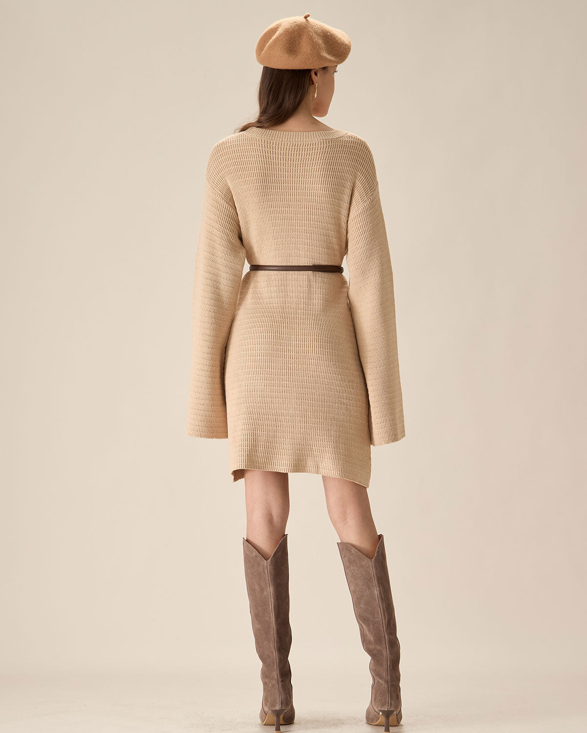 Beige Drop Shoulder Sweater Mini Dress Cheap New Arrival