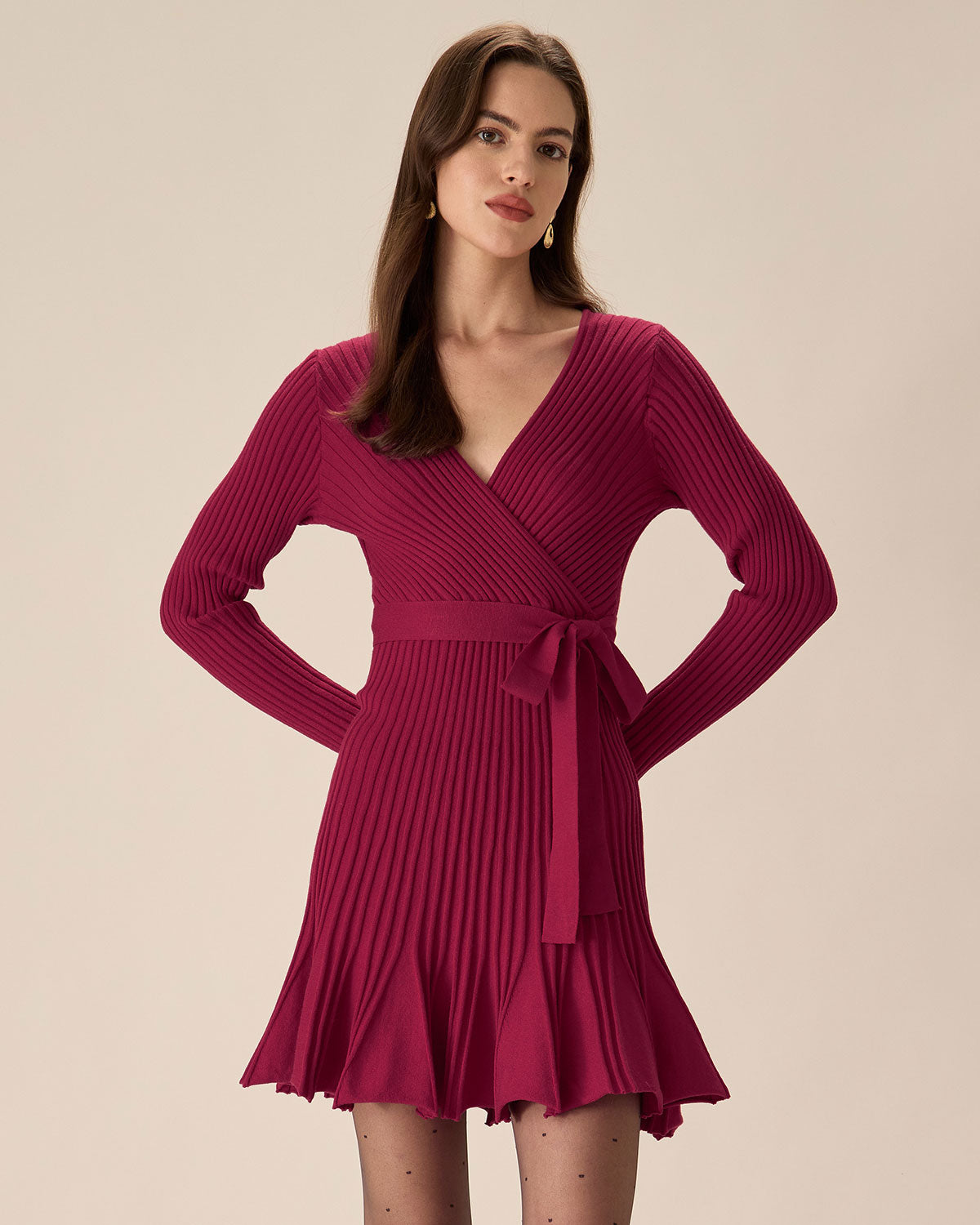 Wine Red Wrap Sweater Mini Dress Clearance Purchase