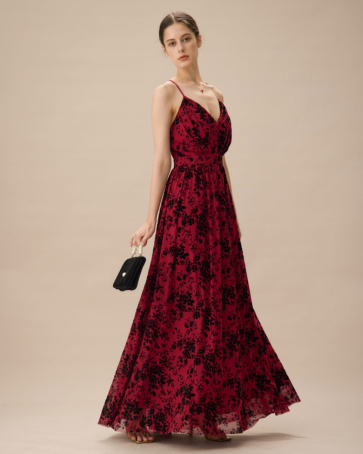 Red Floral Flocked Mesh Slit Maxi Dress Clearance Online Official Site