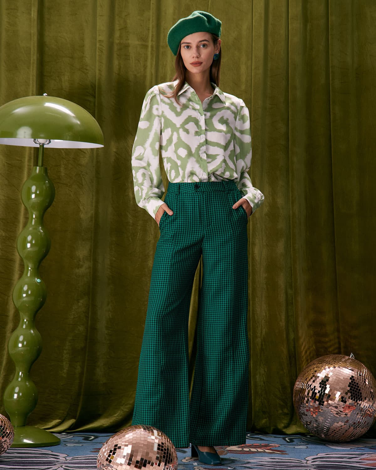 The Green Houndstooth Wide Leg Pants 2025 Newest Sale Online