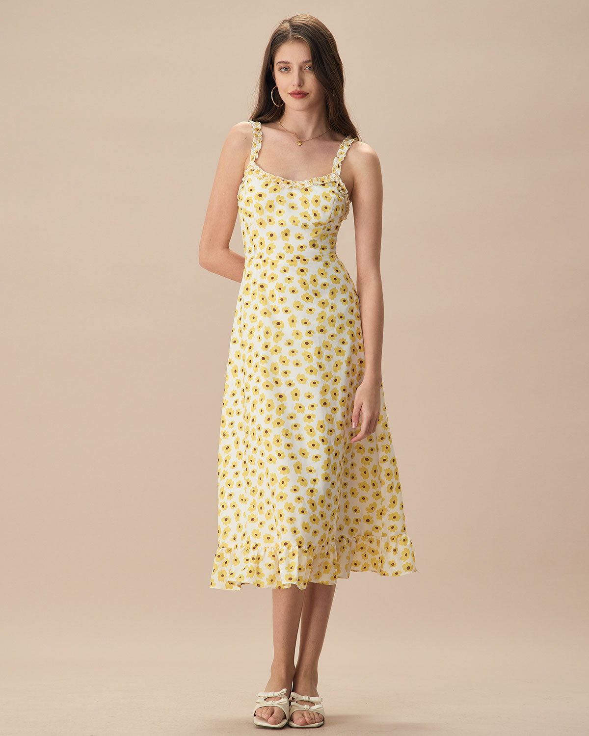 The Yellow Daisy Ruffle Slip Midi Dress Free Shipping Reliable