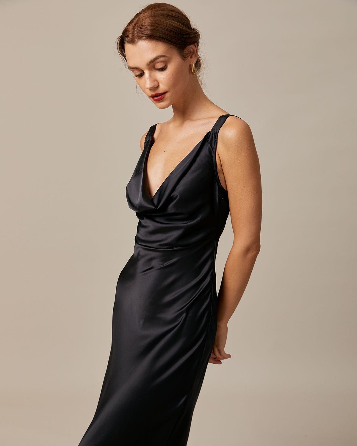 The Black Cowl Neck Sheath Satin Maxi Dress Outlet Amazing Pice