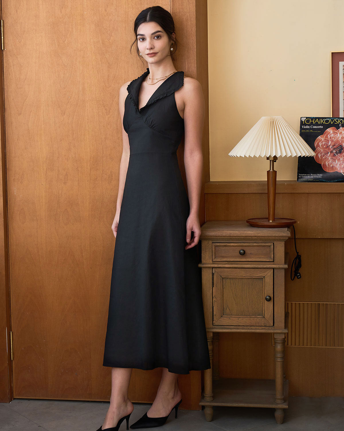 The Black Collared Frill Trim Linen Maxi Dress Inexpensive Cheap Online