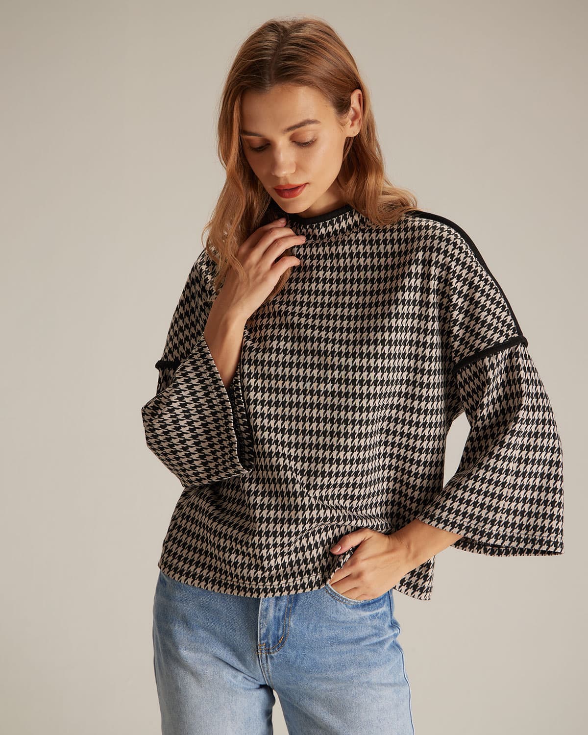 The Black Mock Neck Houndstooth Sweatshirt Cheap Sale Fashionable