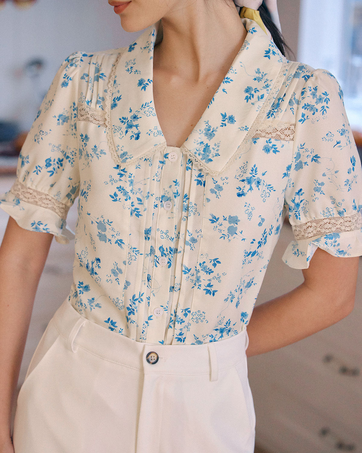 The Lace Spliced Pleated Floral Shirt Discounts