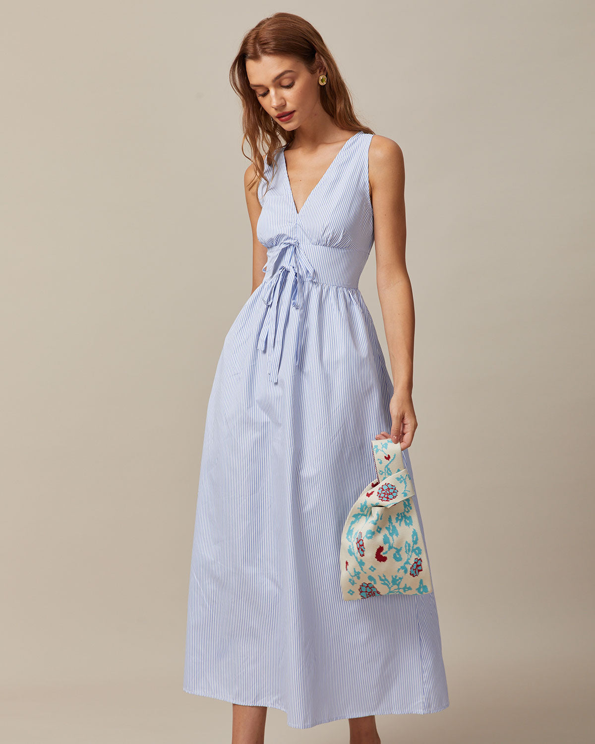 The Blue V Neck Shirred Striped Maxi Dress For Sale For Sale