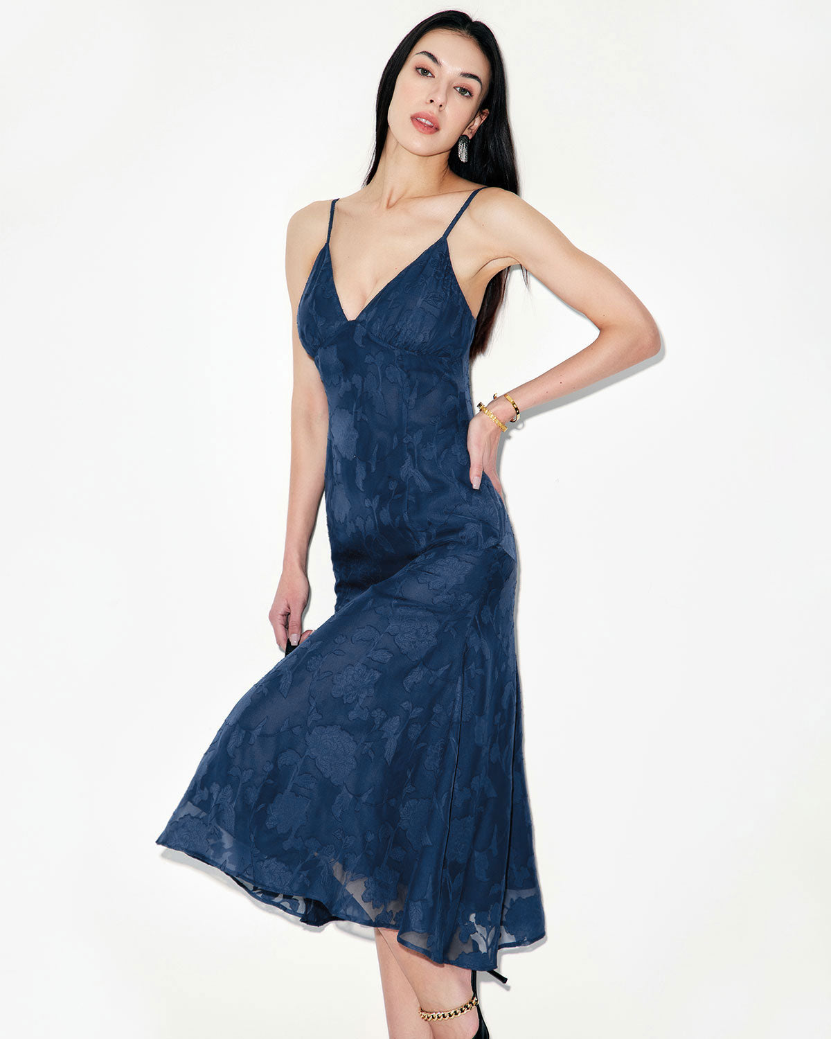 Navy Jacquard Mermaid Slip Midi Dress Visit New Online