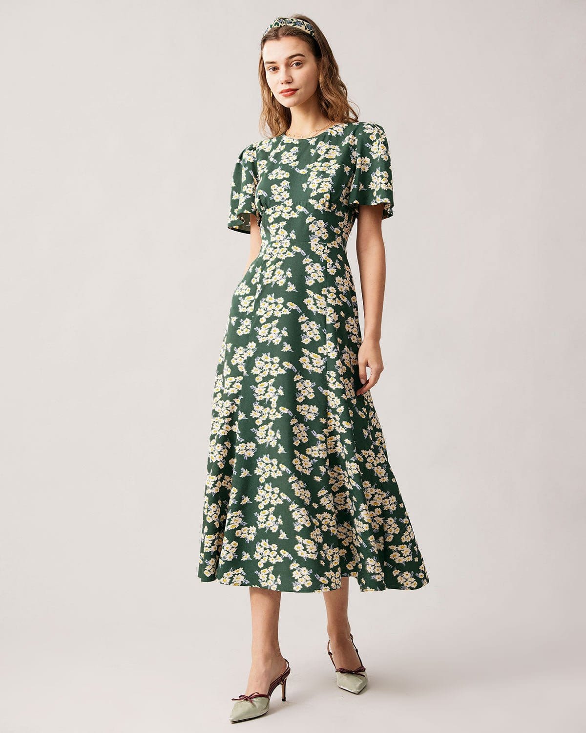 The Green Round Neck Short Sleeve Floral Midi Dress Shop For Sale