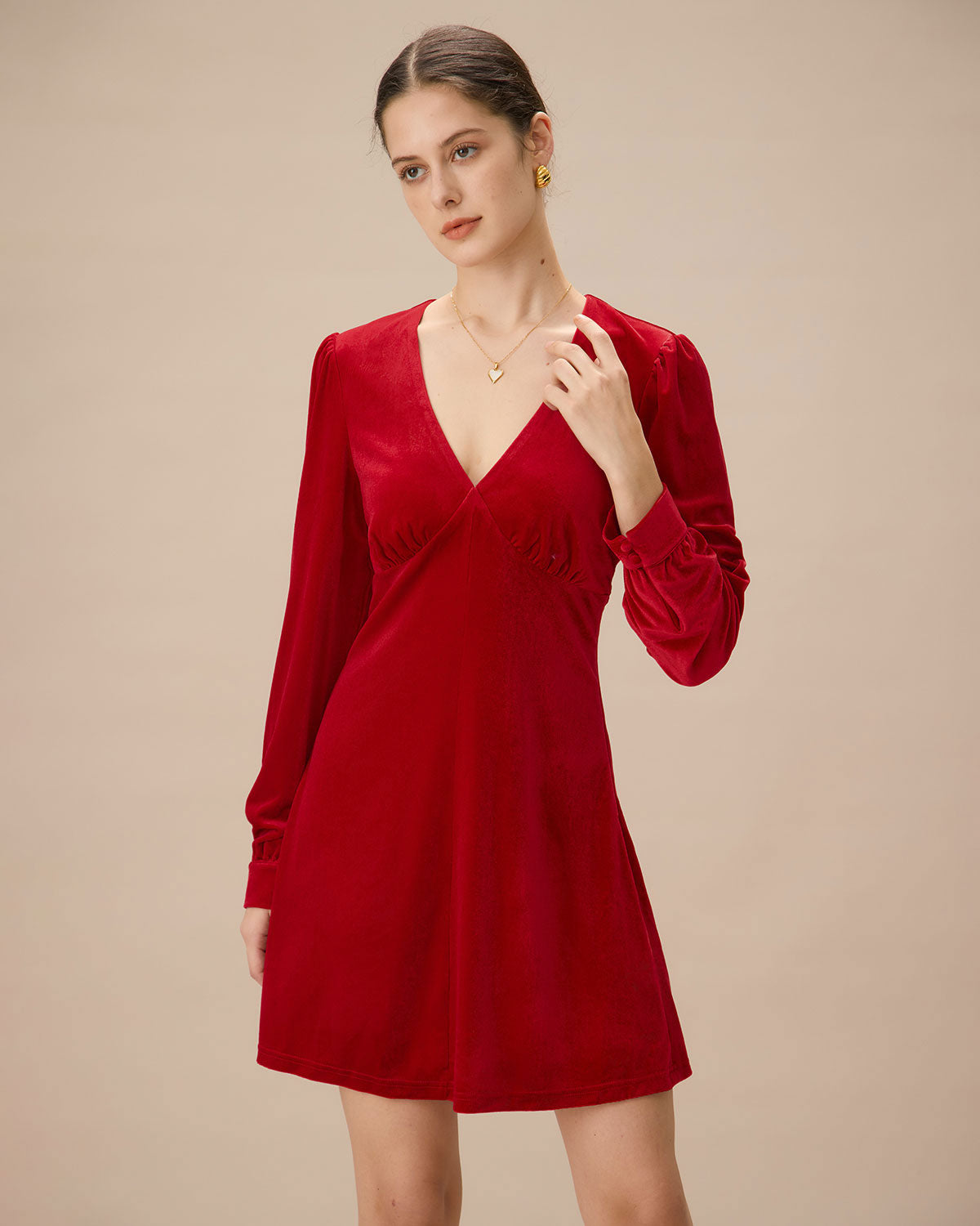 Red Velvet Puffed Sleeve A-Line Mini Dress Low Pice Fee Shipping Online